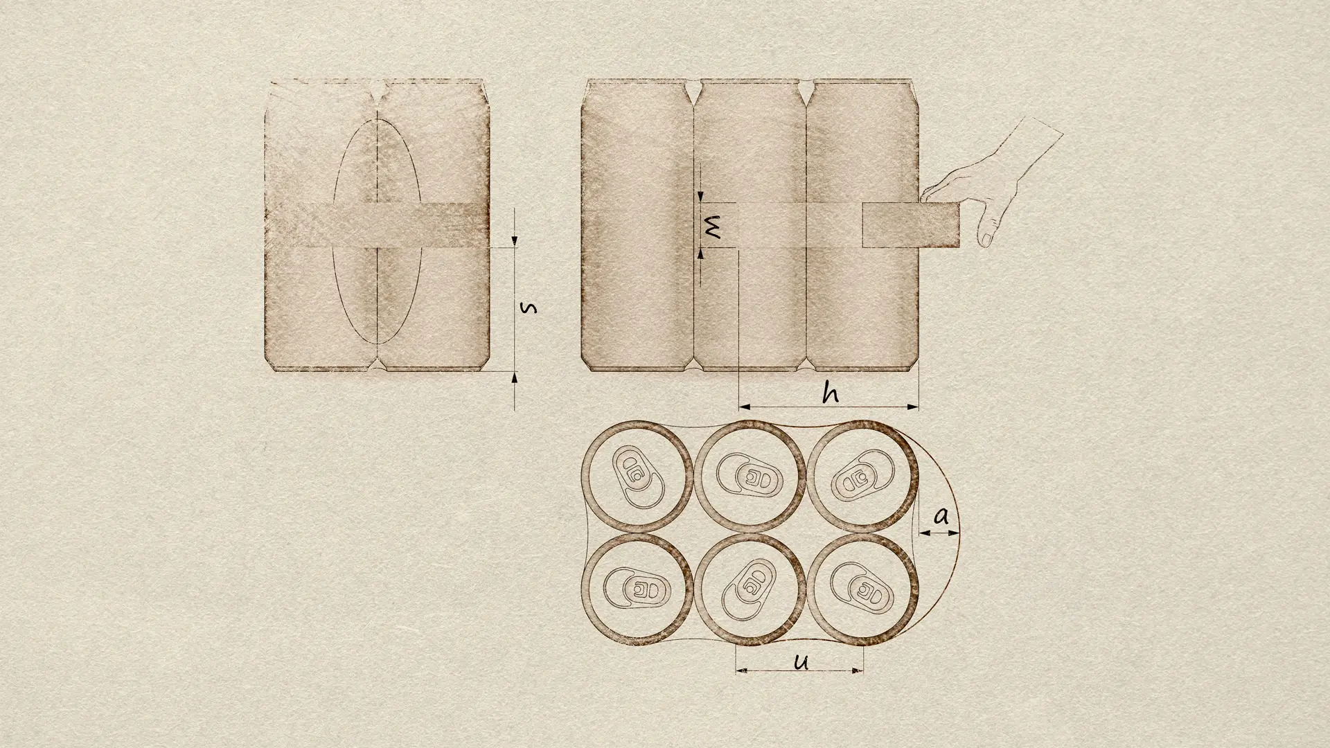 Schema tecnico per applicazione maniglia adesiva laterale con arco ampio su confezione di lattine 3x2 - Macchine manigliatrici