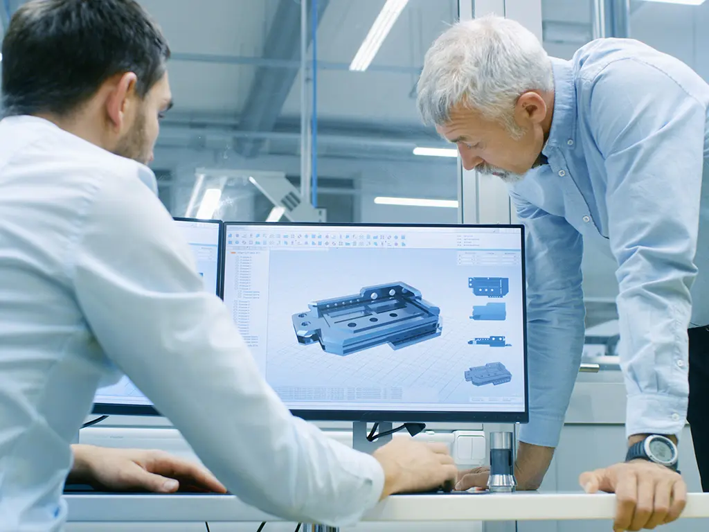 Decimo engineers discuss and work with 3D CAD. Decimo engineers discuss and work with 3D CAD.