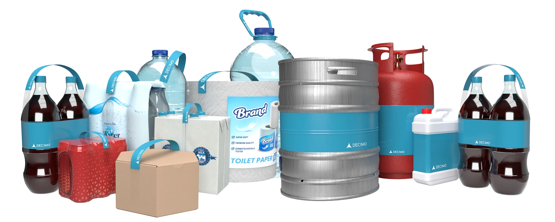 Imballaggi con maniglia adesiva per il trasporto, con etichetta stretch sleeve, maniglia rigida in plastica e multipack