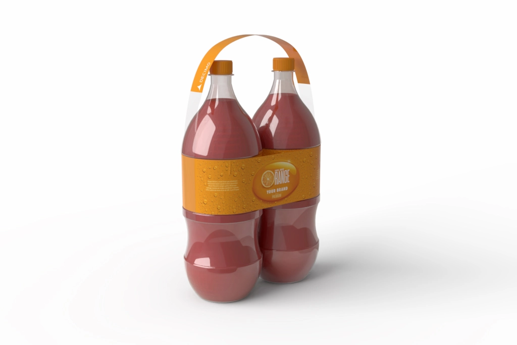 Bottle bipack created with XM Multipack System, featuring stretch sleeve labels and adhesive handle