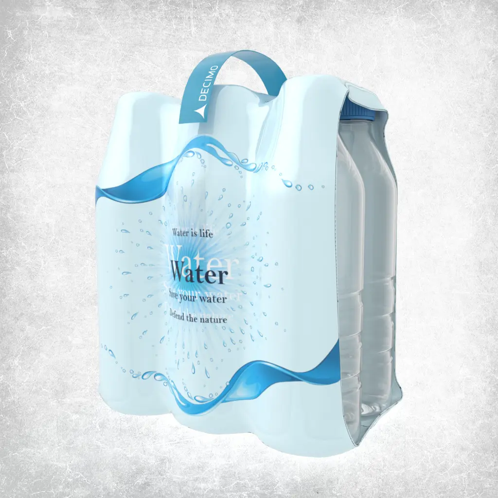Fardello d'acqua 3x2 con maniglia adesiva - Applicazione con Manigliatrici Fardello di bottiglie d'acqua 3x2 con maniglia adesiva, esempio di applicazione con manigliatrici