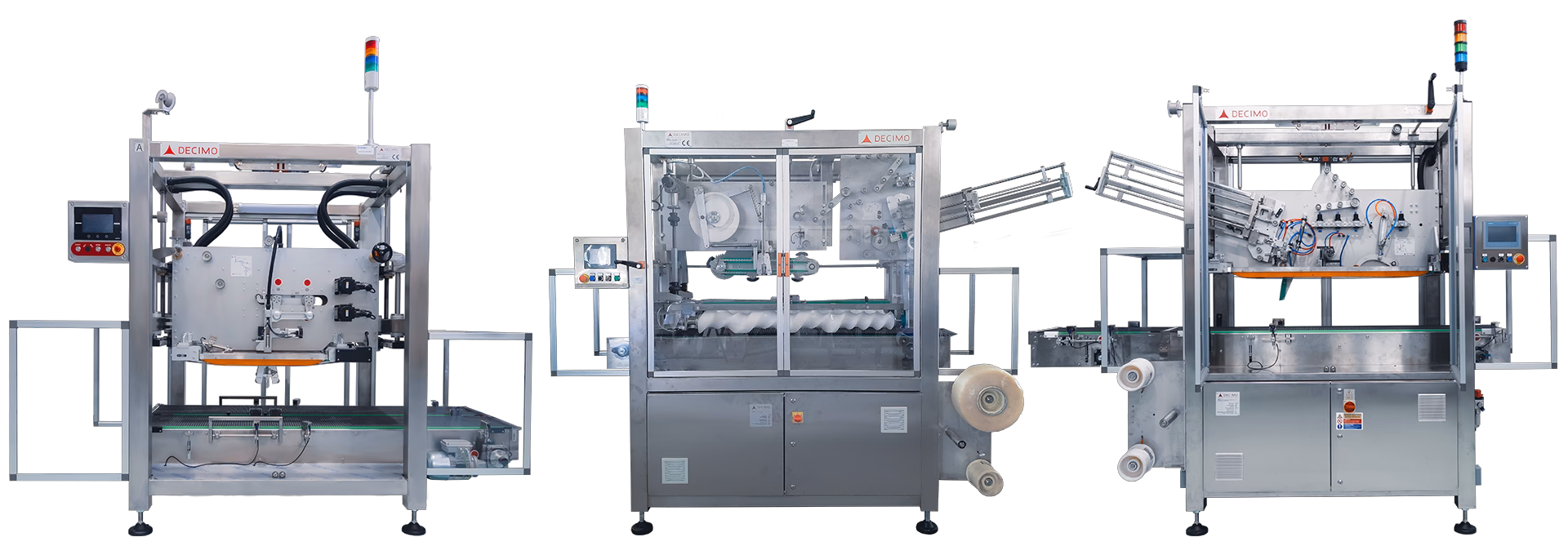 Decimo Handle Applicators: Comprehensive Solutions for Every Need. Range of Decimo automatic handle applicators: XHE electronic, XHP pneumatic, and XHM mechanical models for applying handles to various packaging types.
