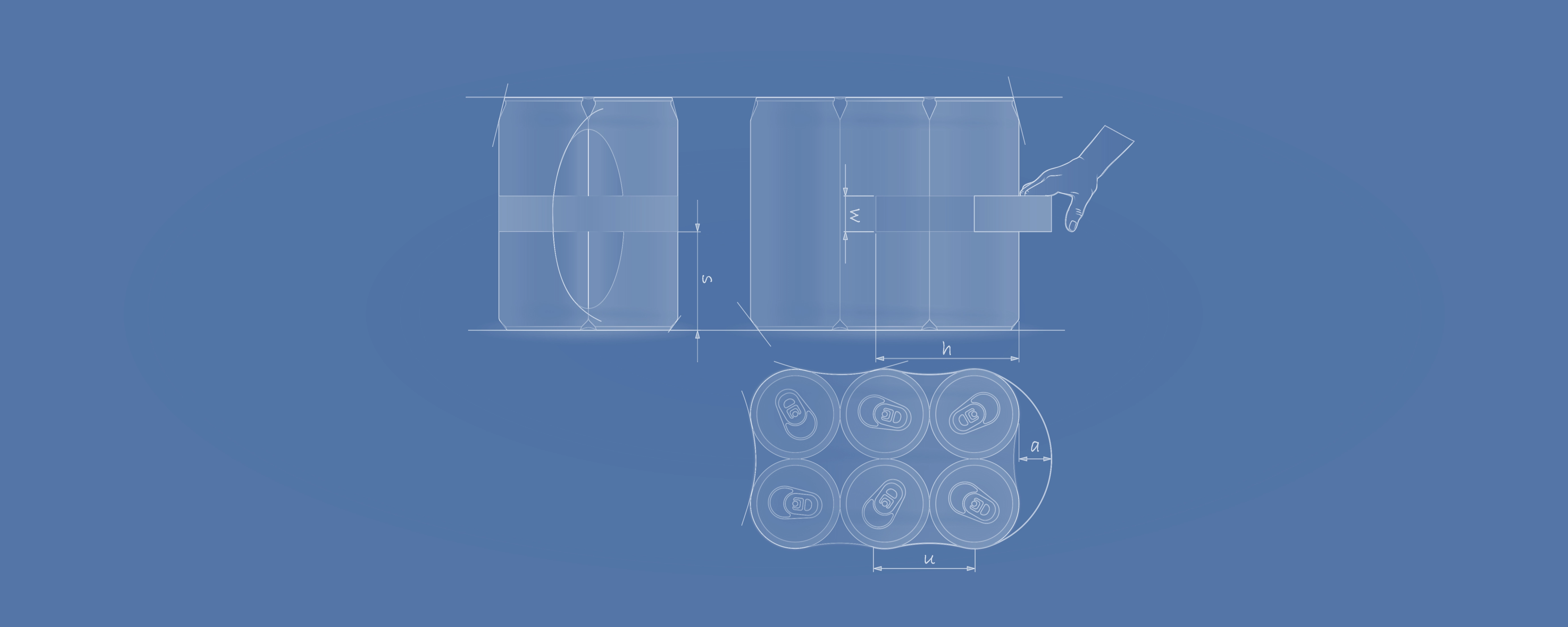 Disegno tecnico di un fardello di lattine 3x2 con maniglia laterale e quote, applicazione con manigliatrici XH Decimo