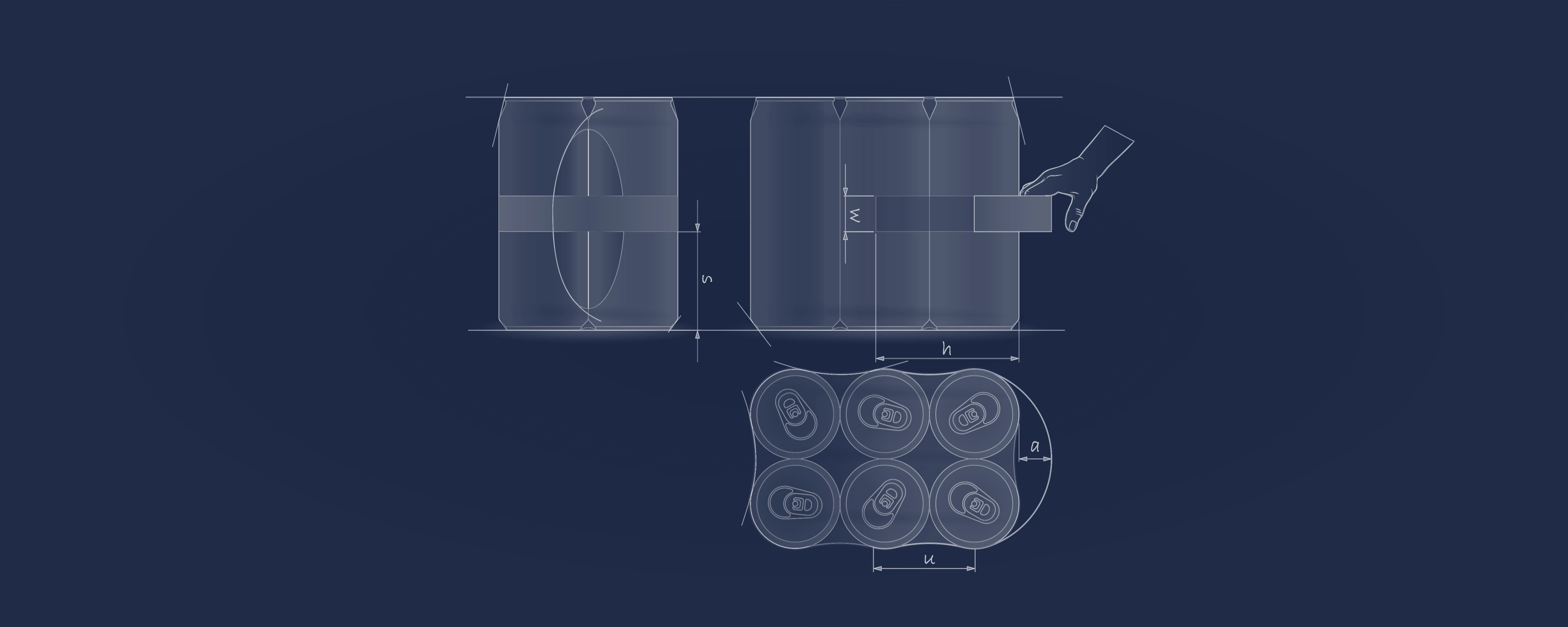 Disegno tecnico di un fardello di lattine 3x2 con maniglia laterale e quote, applicazione con manigliatrici XH Decimo