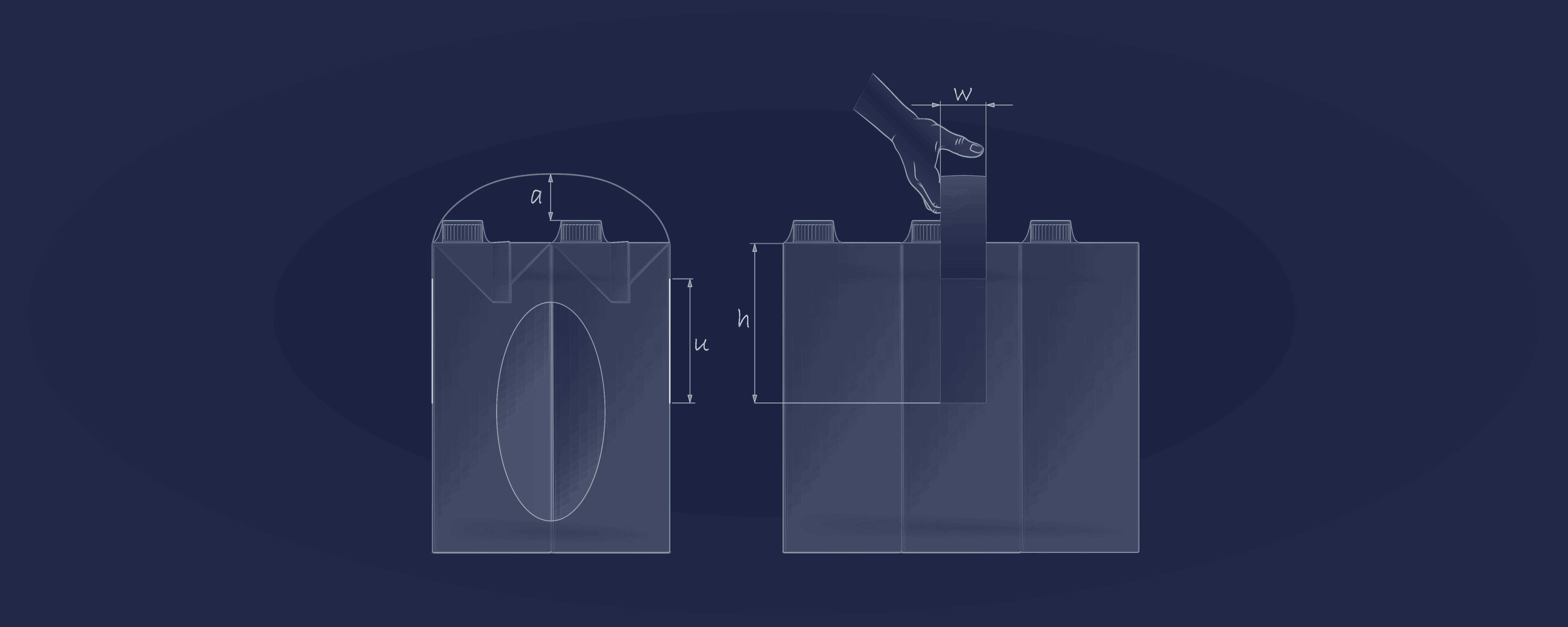 Technical drawing of a 3x2 brick bundle with adhesive handle and dimensions, application with XH Decimo handle applicators