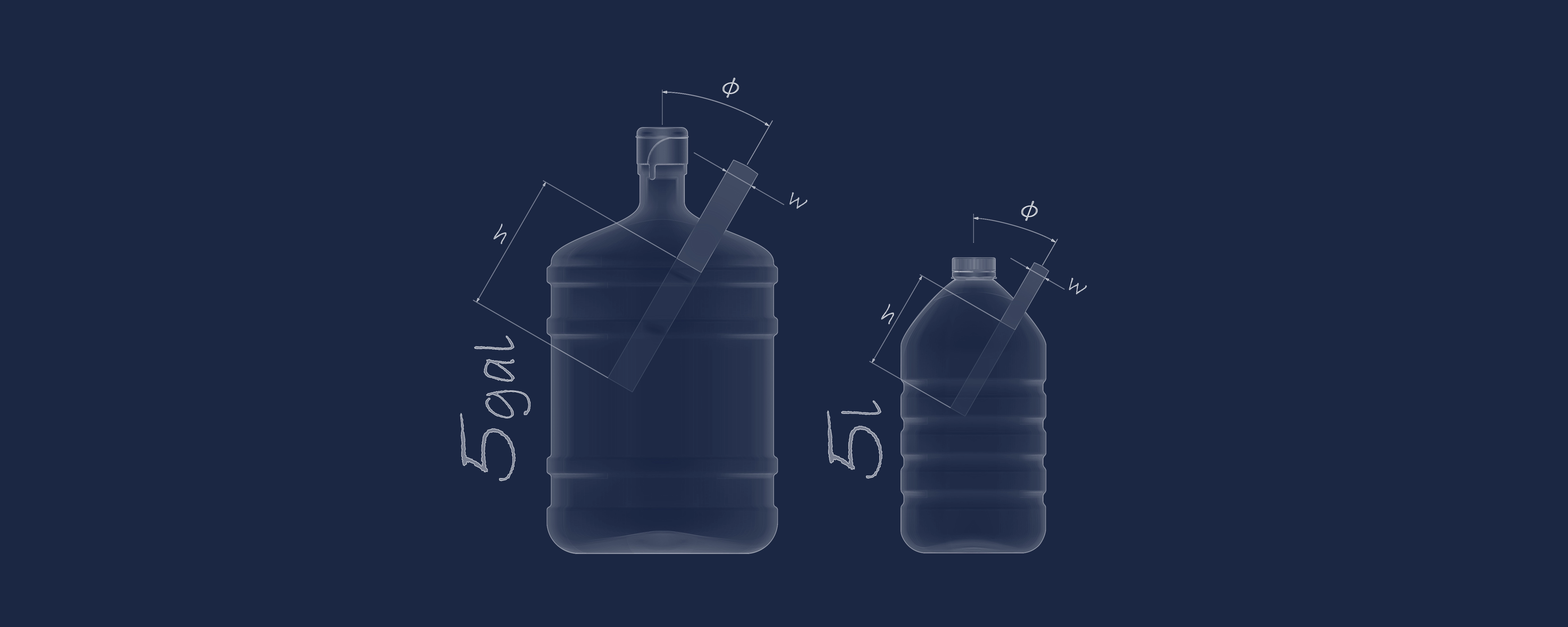 Technical drawing of a 3x2 carboy bundle with adhesive handle and dimensions, application with XH Decimo handle applicators