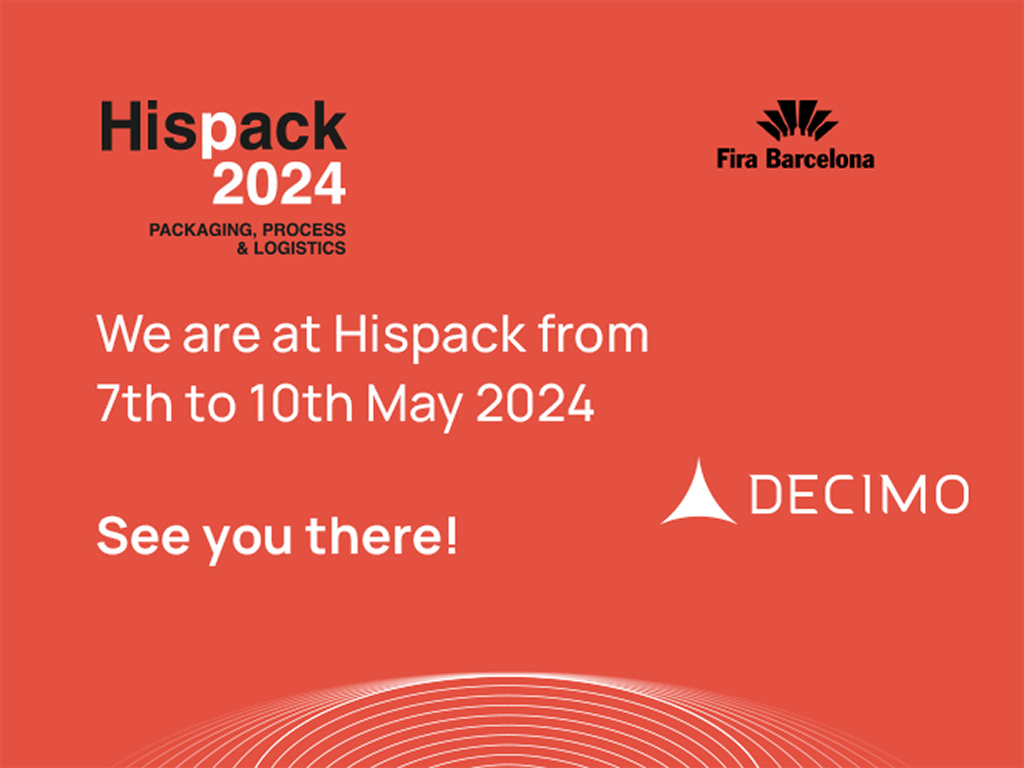 Stand Decimo Srl a Hispack 2024, con esposizione di soluzioni avanzate per manigliatrici, etichettatrici e sistemi multipack.